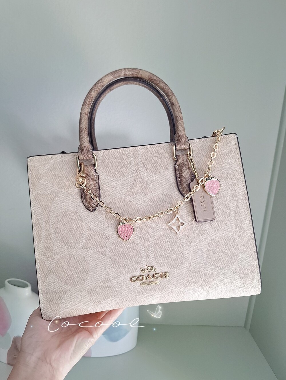 NWT Coach Maggie Small Tote Bag In Blocked Signature Canvas & Strawberry Chain